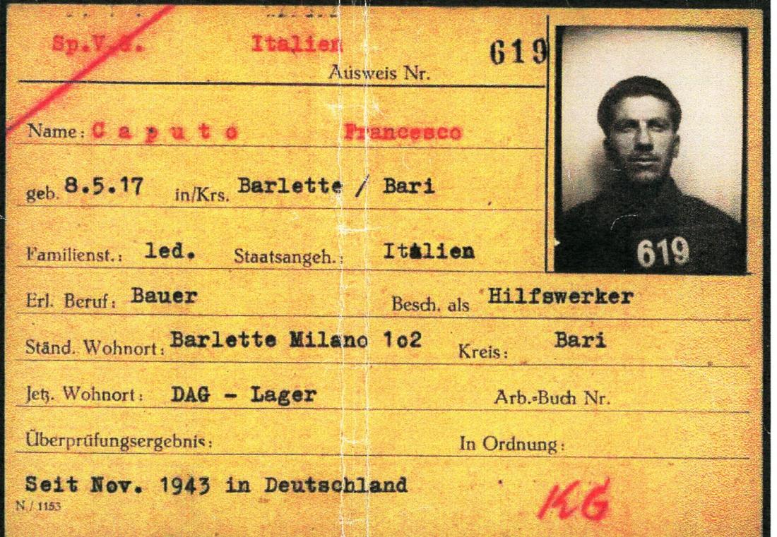 Karteikarte Francesco Caputo, Sprengstoff-Versuchs-Gesellschaft Kaufbeuren (ITS Bad Arolsen, Dokumenten ID: 71719444), Foto: Stadtmuseum Kaufbeuren