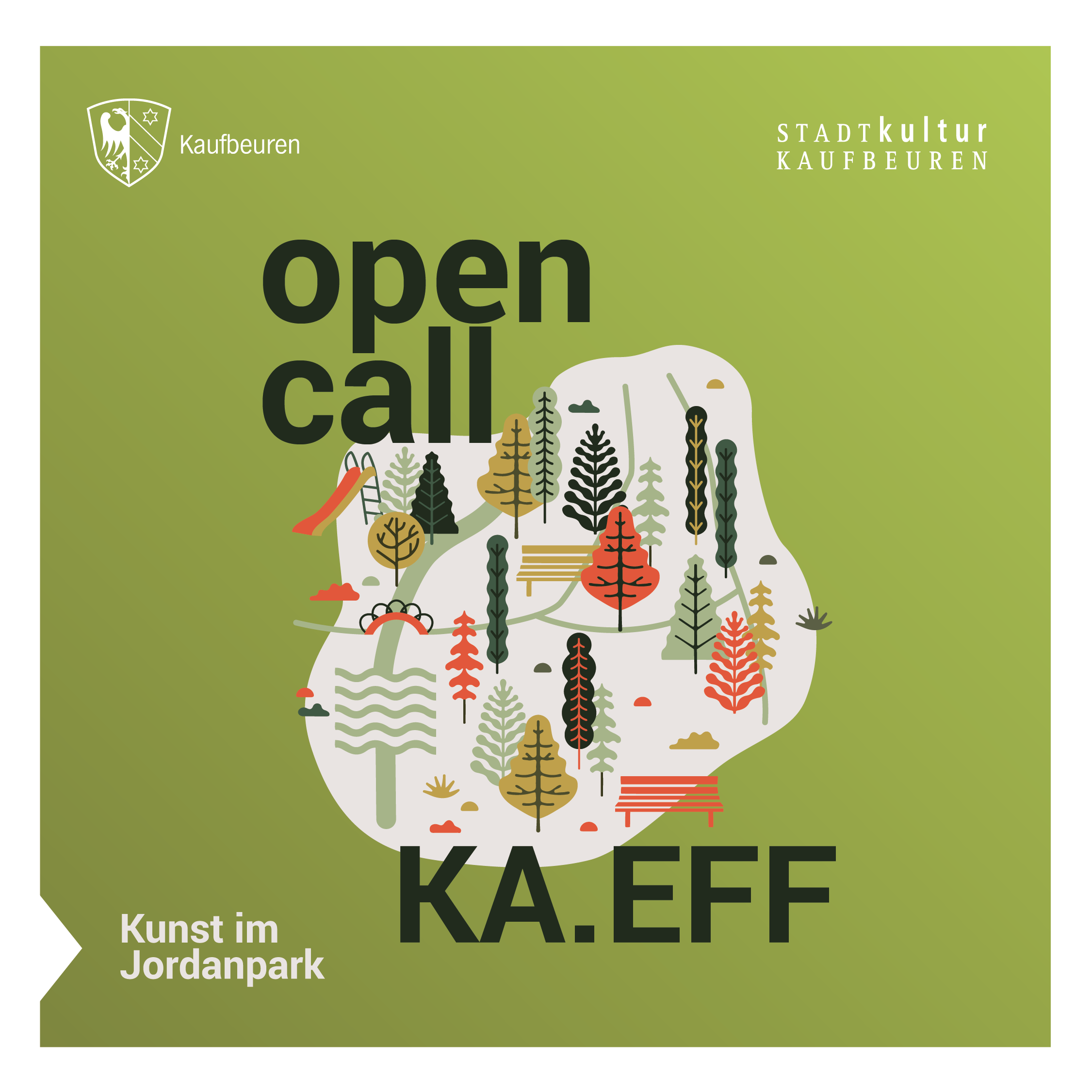 Die Stadt Kaufbeuren schreibt ihr Förderprogramm KA.EFF für Kunst im öffentlichen Raum aus. Austragungsort im Jahr 2024 ist der Jordanpark als Freiraum für Interventionen im öffentlichen Raum. 